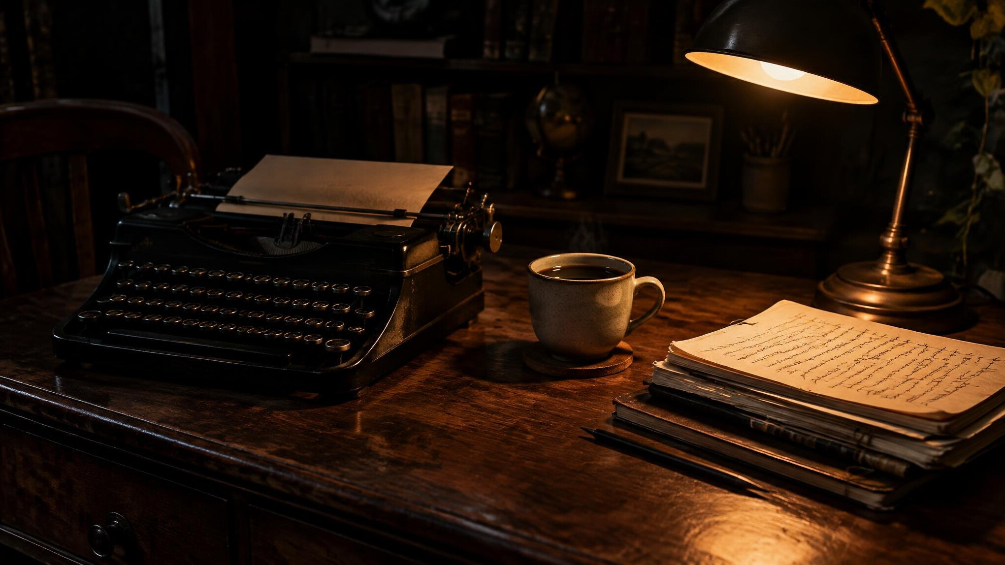Vintage writing desk with a typewriter, notebooks and a cup of coffee