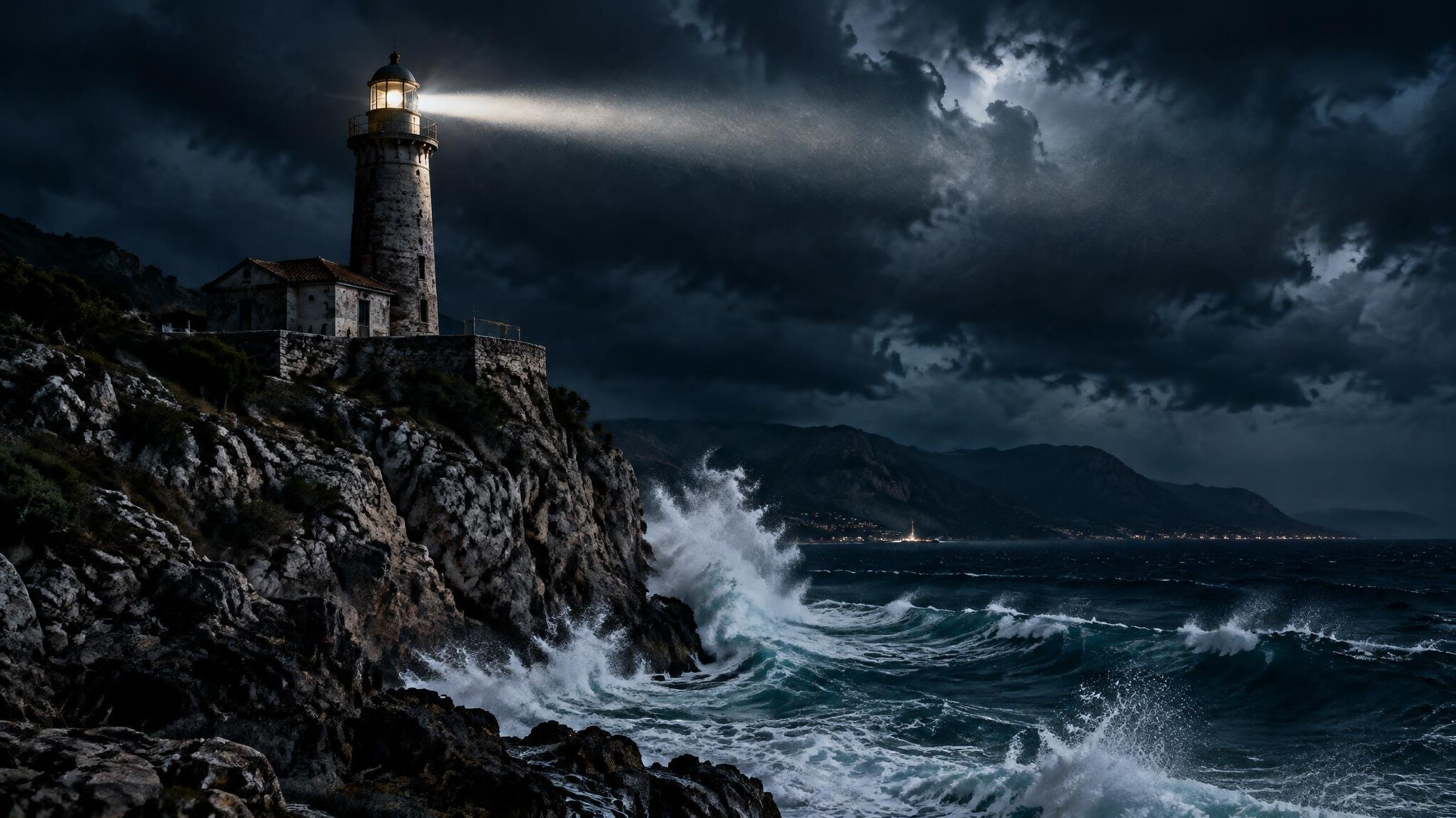 Old lighthouse on a rocky cliff at night under a stormy sky