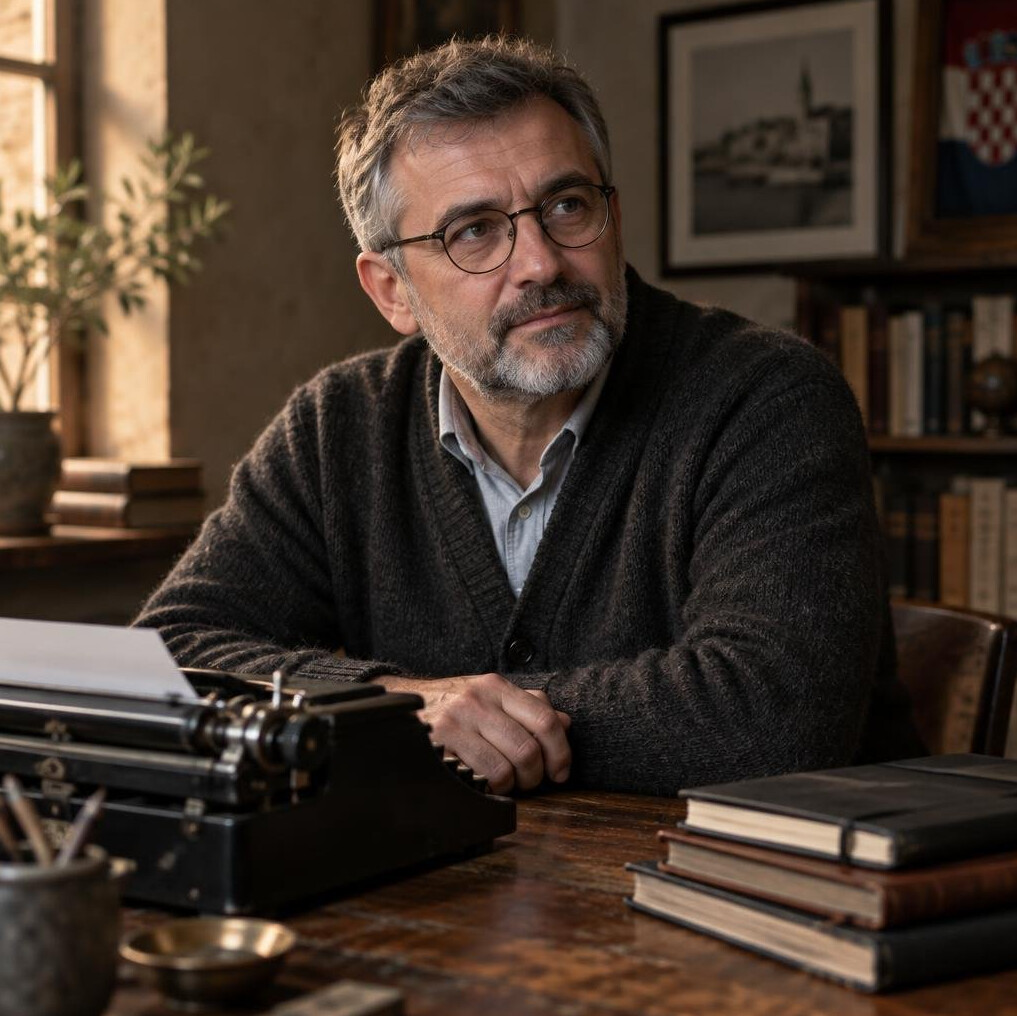 Croatian author in his fifties sitting at a wooden desk with a typewriter
