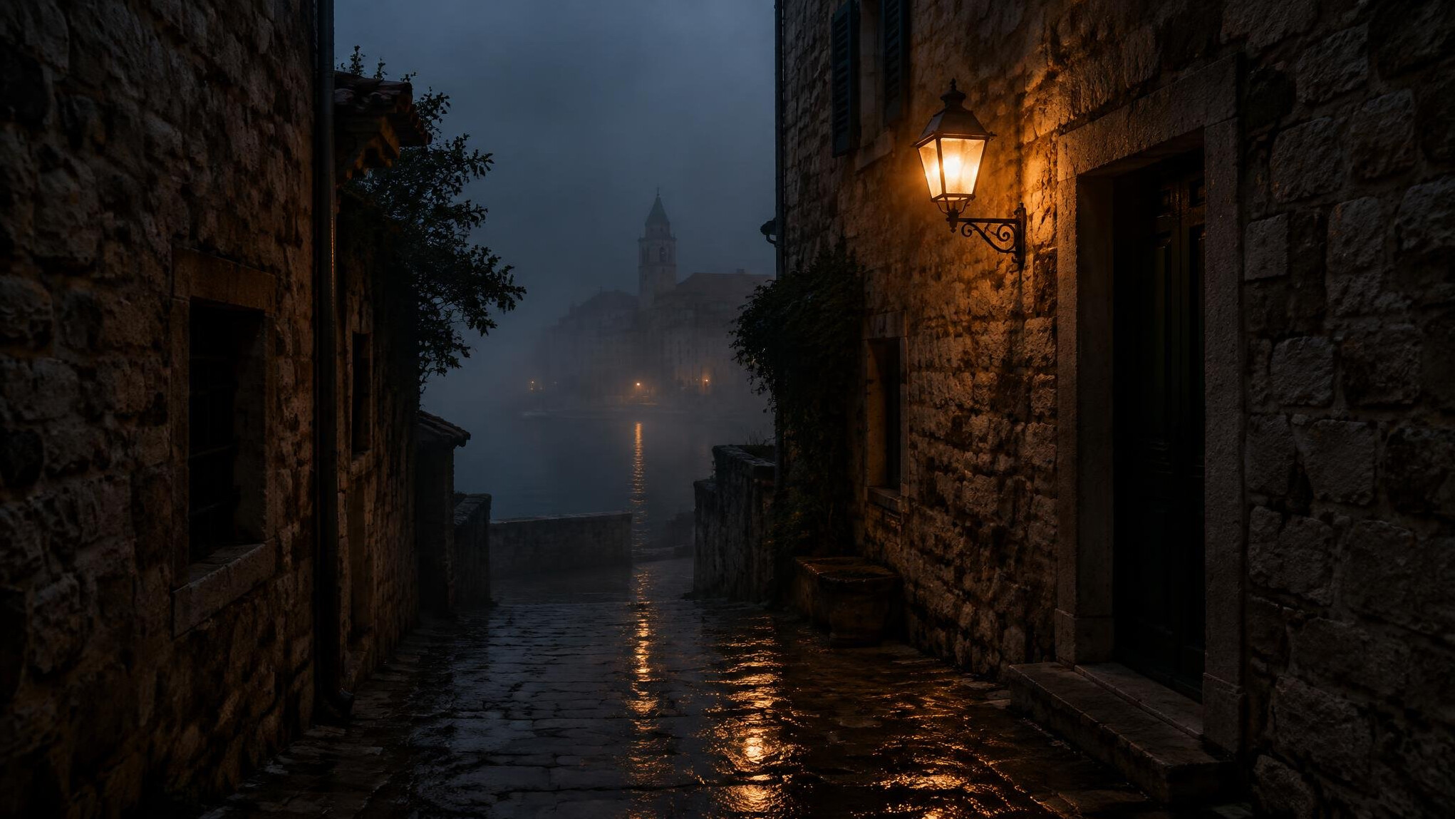 Foggy cobblestone alley in an old European town at night lit by a single lantern