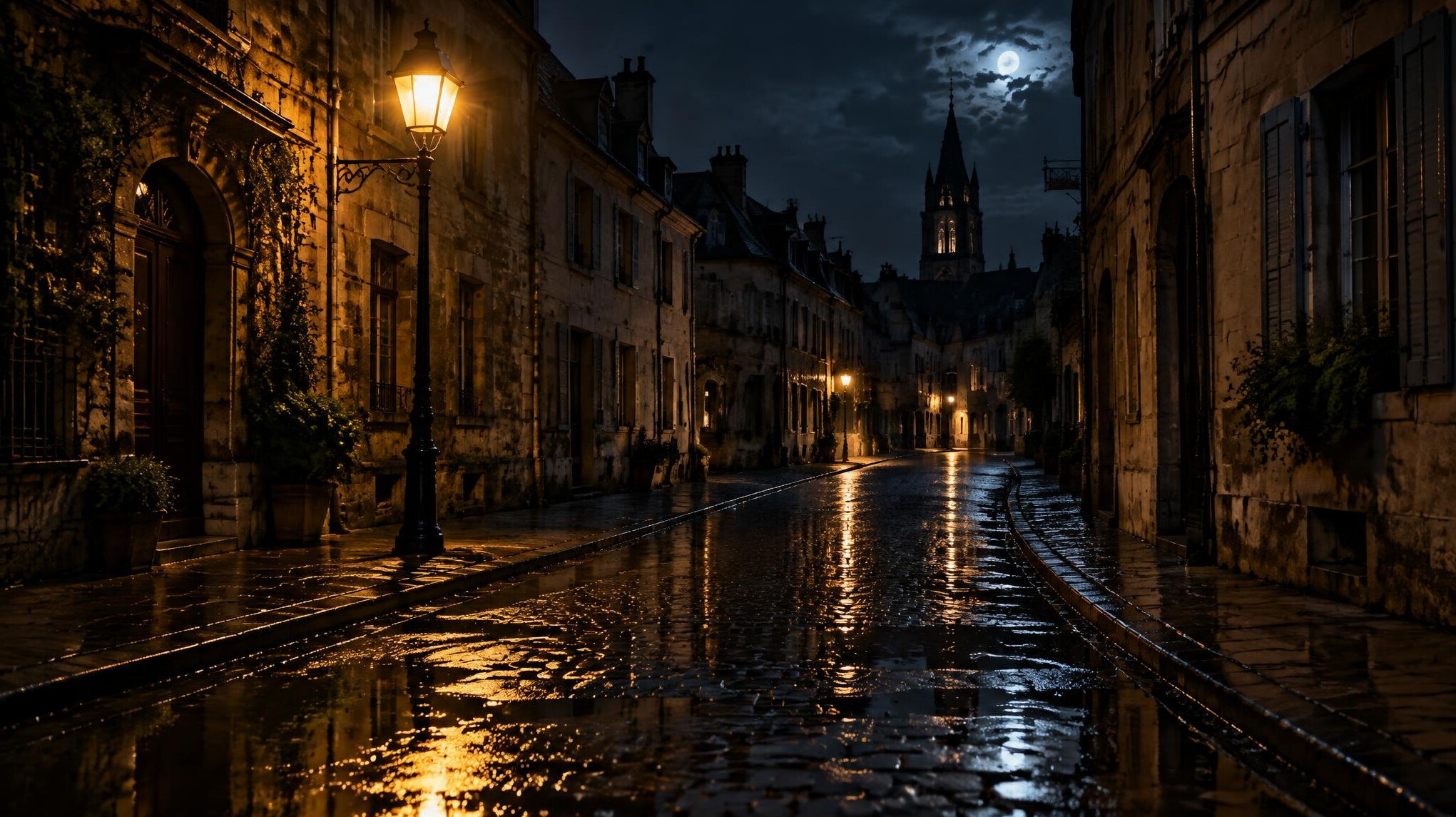 Rain soaked cobblestone street with a single glowing streetlamp