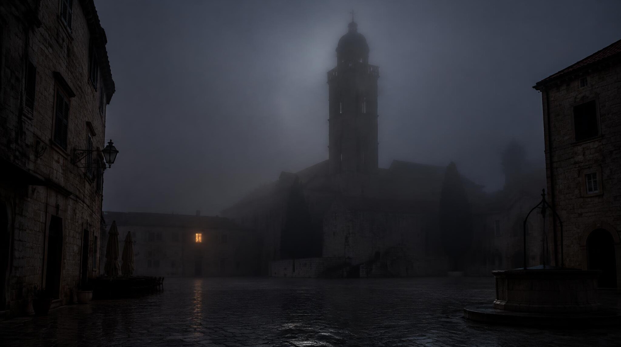 Foggy old town square with a silhouetted cathedral tower at night